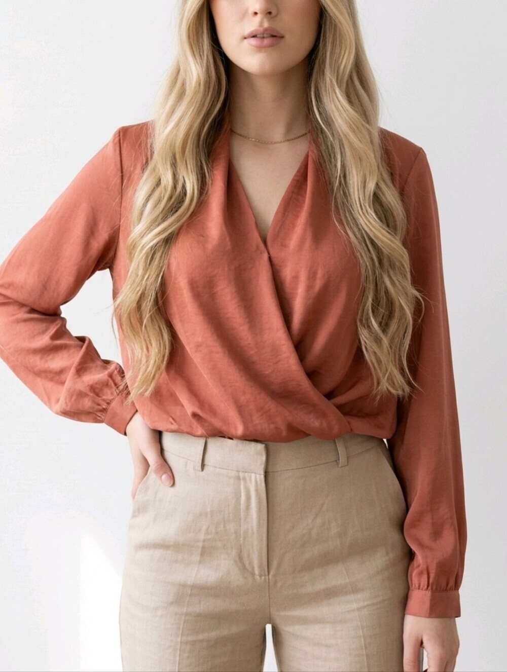 APRICOT Rust Wrap-Front Blouse with Draped V-Neck